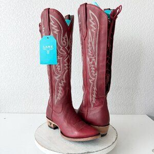 Lane MONICA Knee High Cowboy Boots Red Leather Western Lace Up Tall Size 7.5